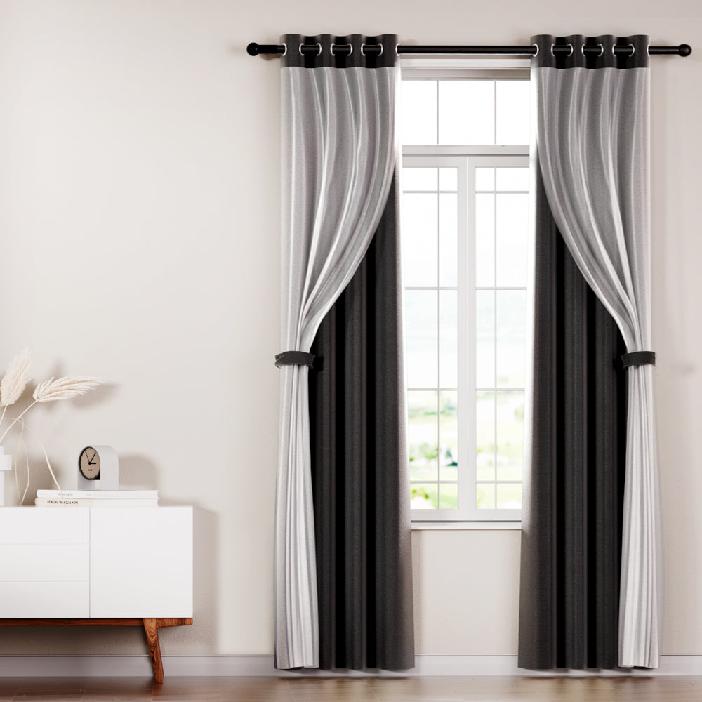 Artiss 2X 132x274cm Blockout Sheer Curtains Black-6