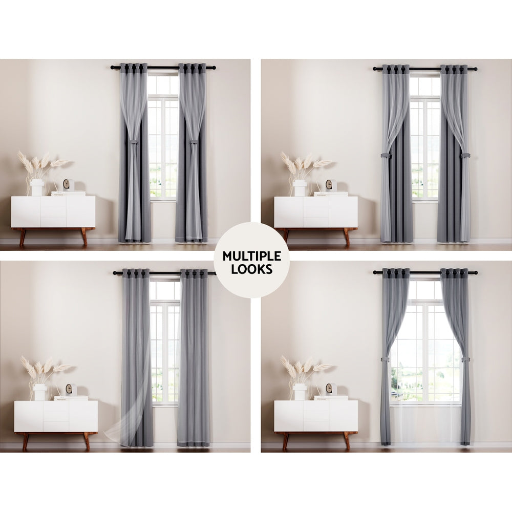 Artiss 2X 132x274cm Blockout Sheer Curtains Charcoal-3