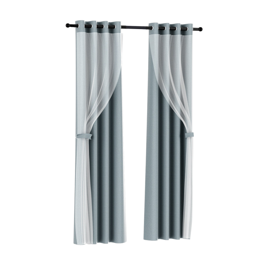 Artiss 2X 132x274cm Blockout Sheer Curtains Light Grey-0