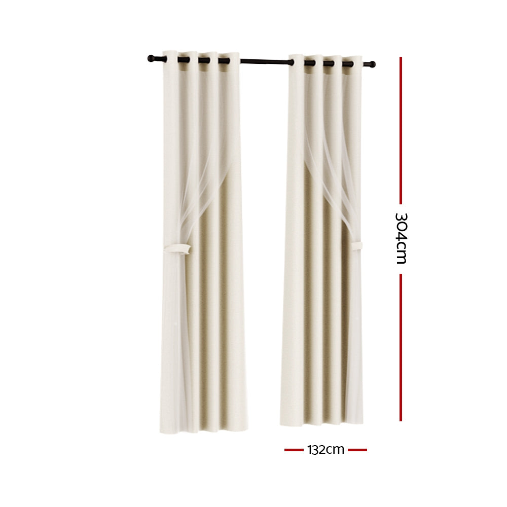 Artiss 2X 132x304cm Blockout Sheer Curtains Beige-1