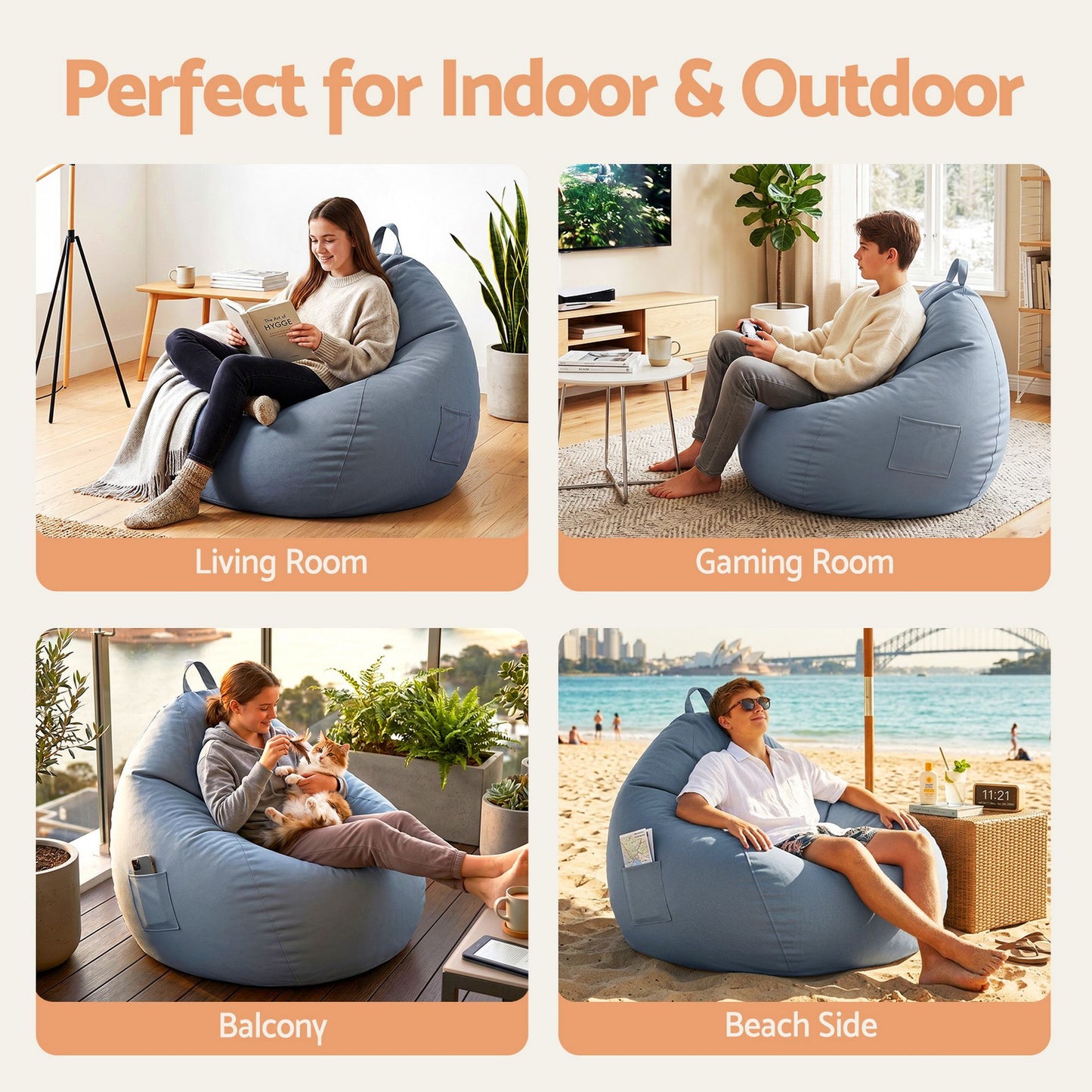 Artiss Outdoor Bean Bag Chair Cover (No Filler) Splash-Proof Beanbag Sofacover for Adults Teens Kids Stuffable Bean Bag Cover for Patio Poolside Relaxing, Grey