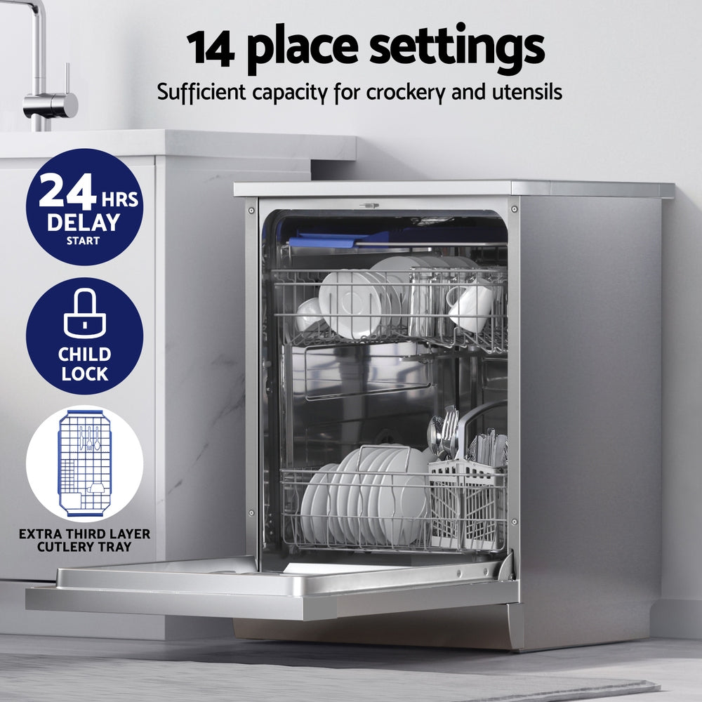 Devanti 60cm 14 Place Settings Freestanding Dishwasher Silver-3