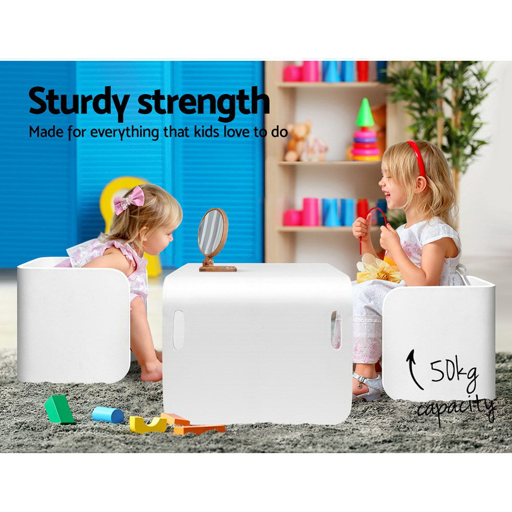 Keezi 3PCS Kids Table and Chairs Set Multifunctional Storage Desk White-4