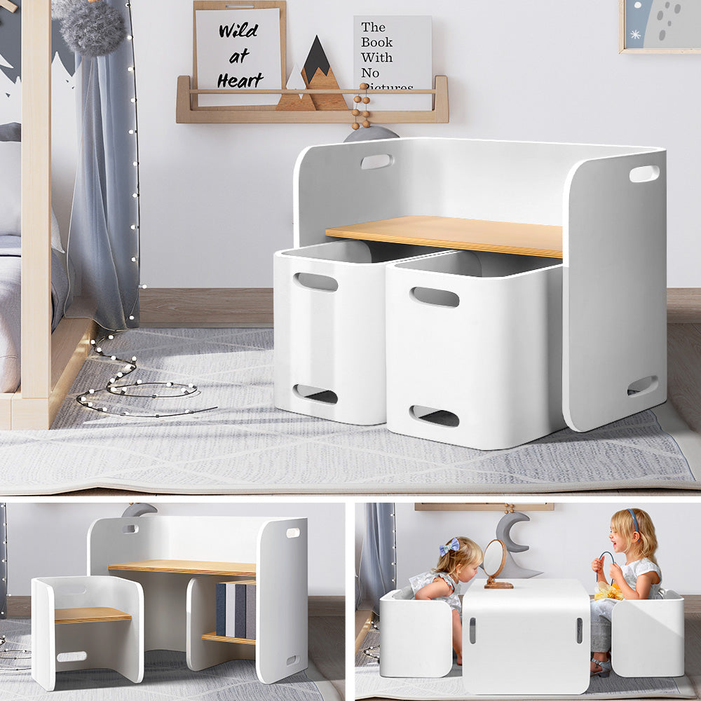 Keezi 3PCS Kids Table and Chairs Set Multifunctional Storage Desk White-6