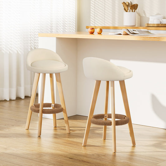 Artiss 2x Bar Stools Padded Leather Wooden Beige-0