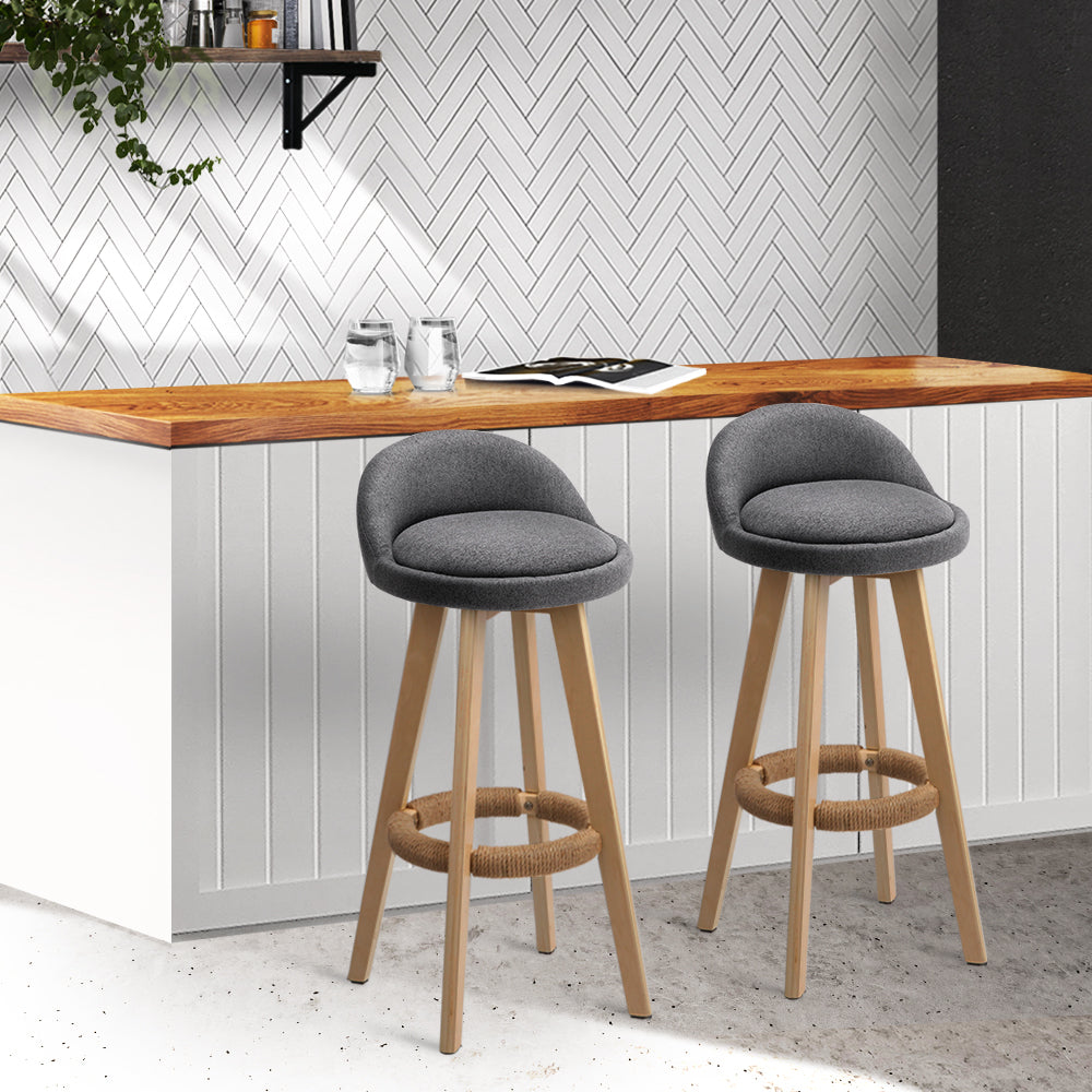 Artiss 2x Bar Stools Padded Linen Wooden Grey-7