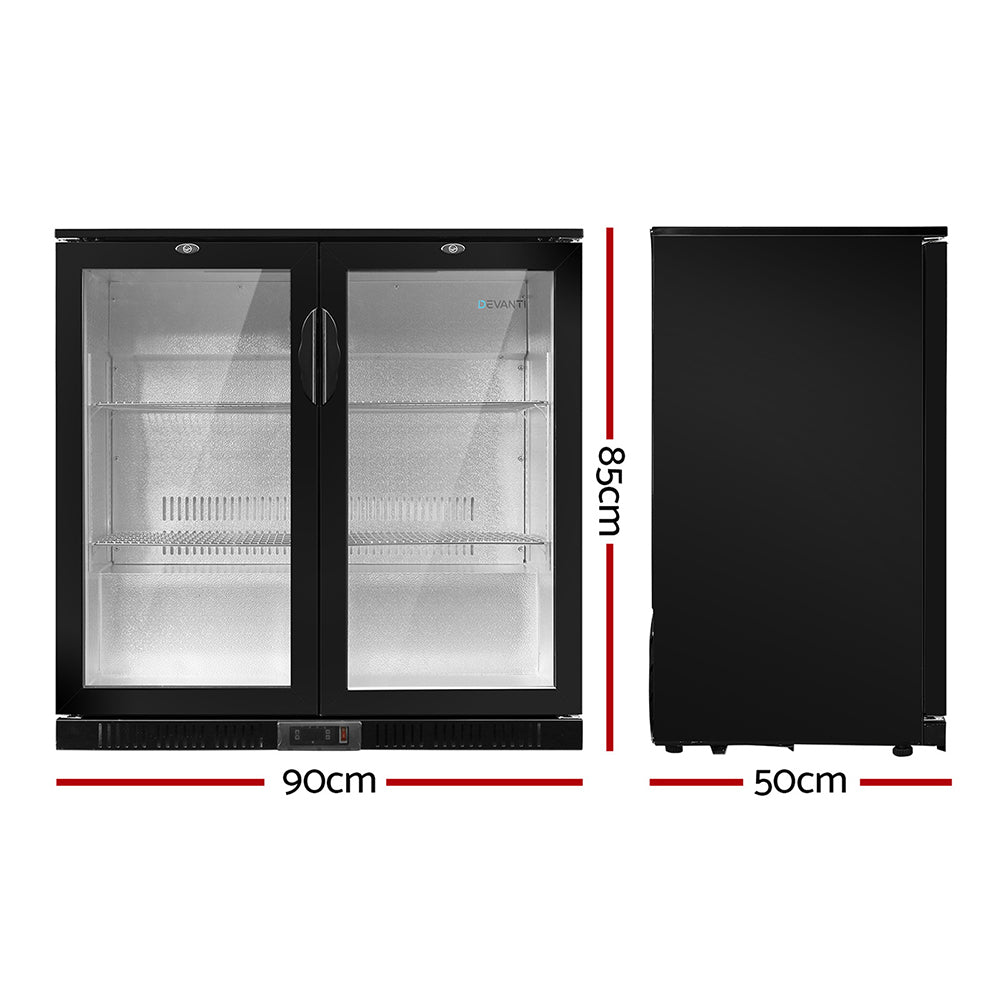 Devanti 198L Bar Fridge Dual Glass Door w/Light Black-1