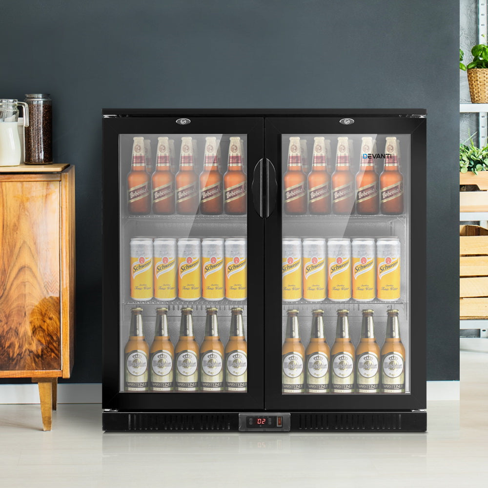 Devanti 198L Bar Fridge Dual Glass Door w/Light Black-7