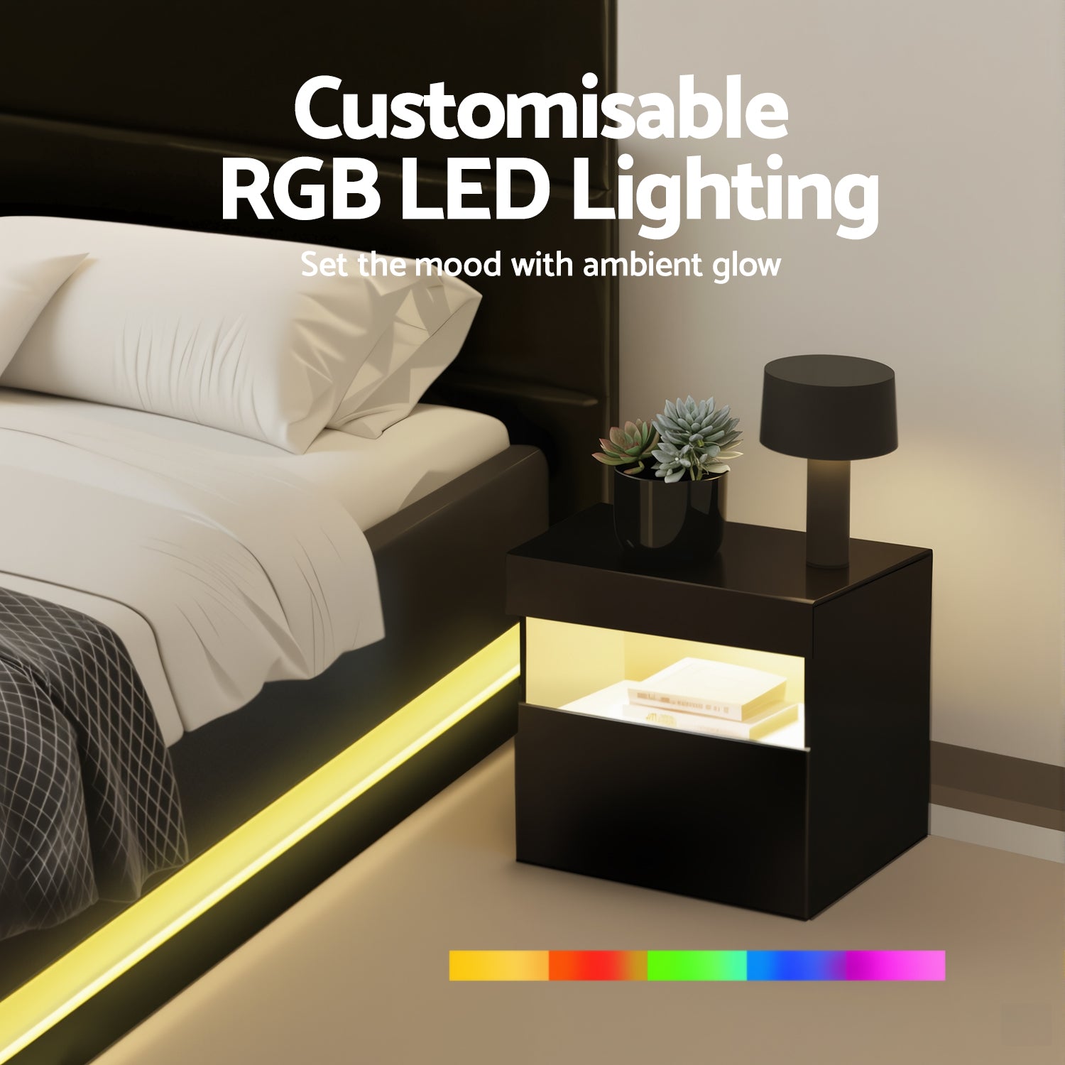 Artiss RGB LED Double Bed Frame with Beside Table Set 16 Colour Mood Lighting-5