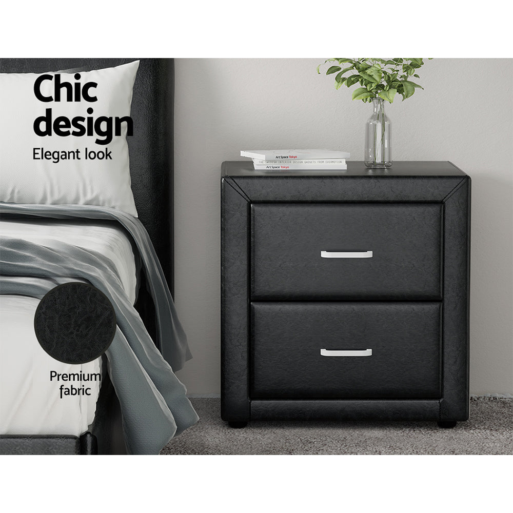 Artiss Bedside Table 2 Drawers Side Table Leather - CADEN Black-3