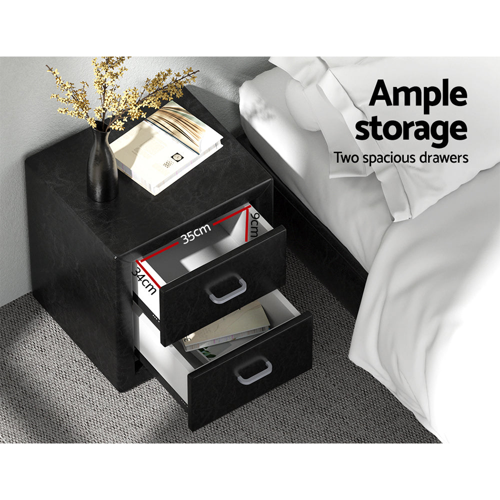 Artiss Bedside Table 2 Drawers Side Table Leather - CADEN Black-4