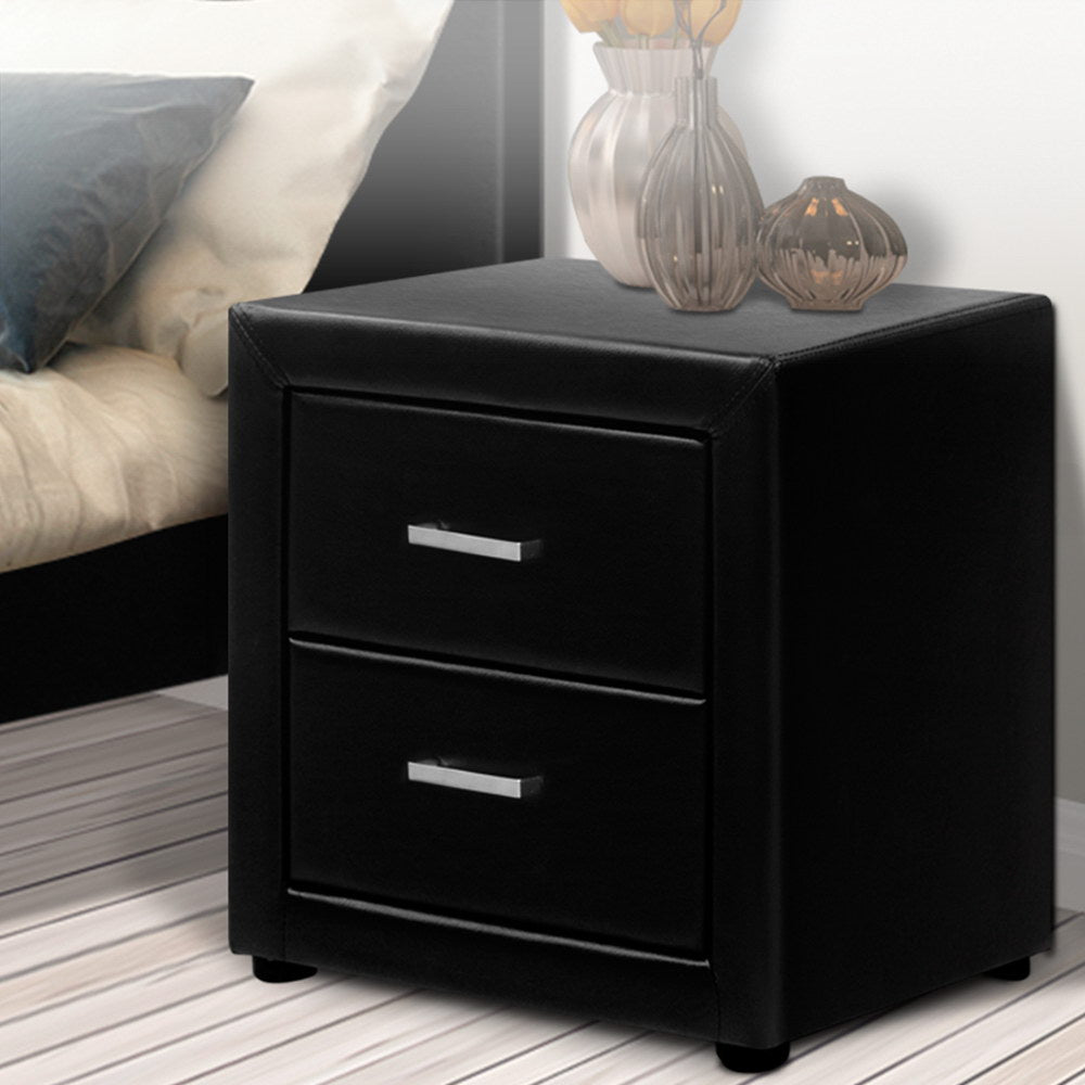 Artiss Bedside Table 2 Drawers Side Table Leather - CADEN Black-6