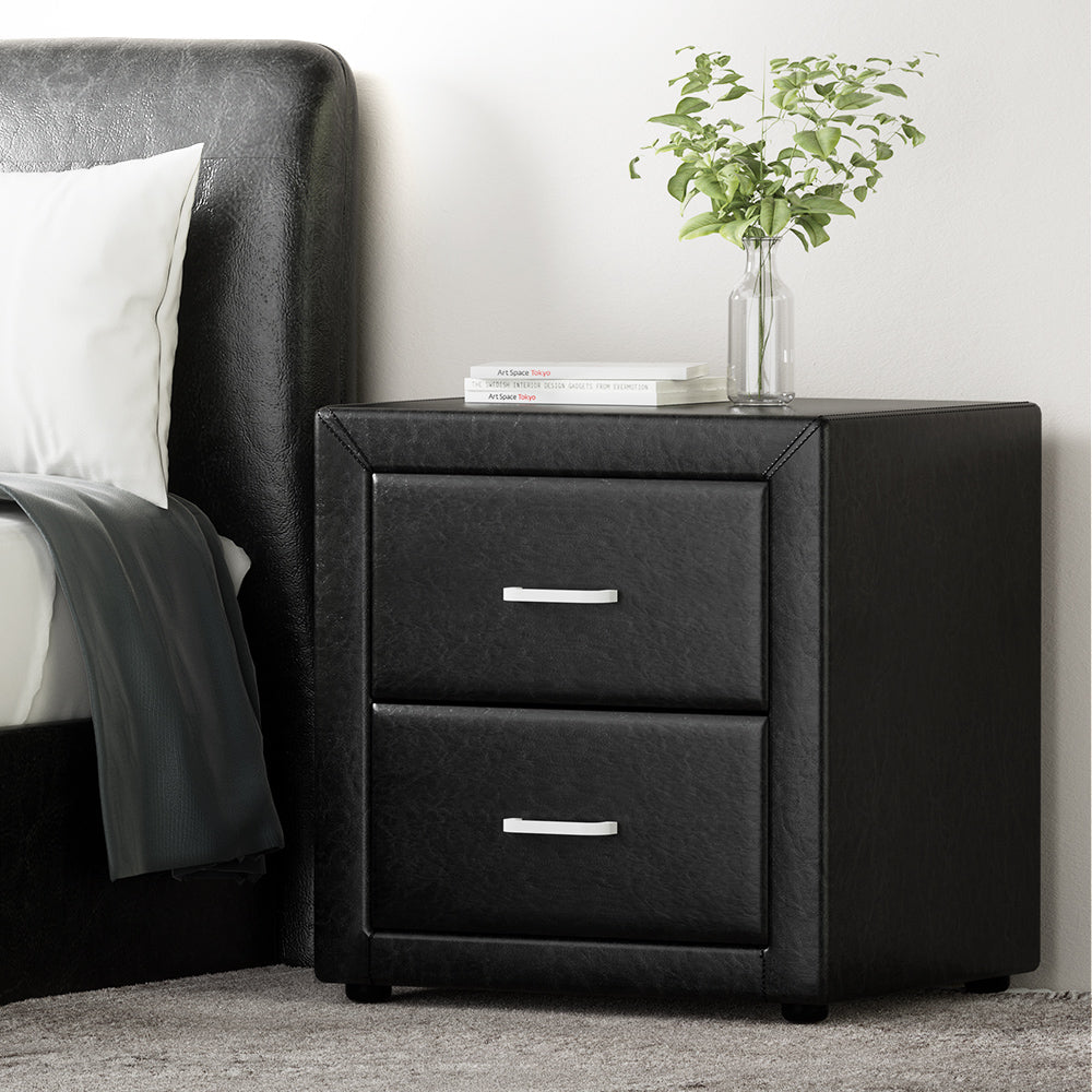 Artiss Bedside Table 2 Drawers Side Table Leather - CADEN Black-7