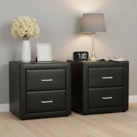 Artiss 2X Bedside Table 2 Drawers Side Table Leather - CADEN Black-0