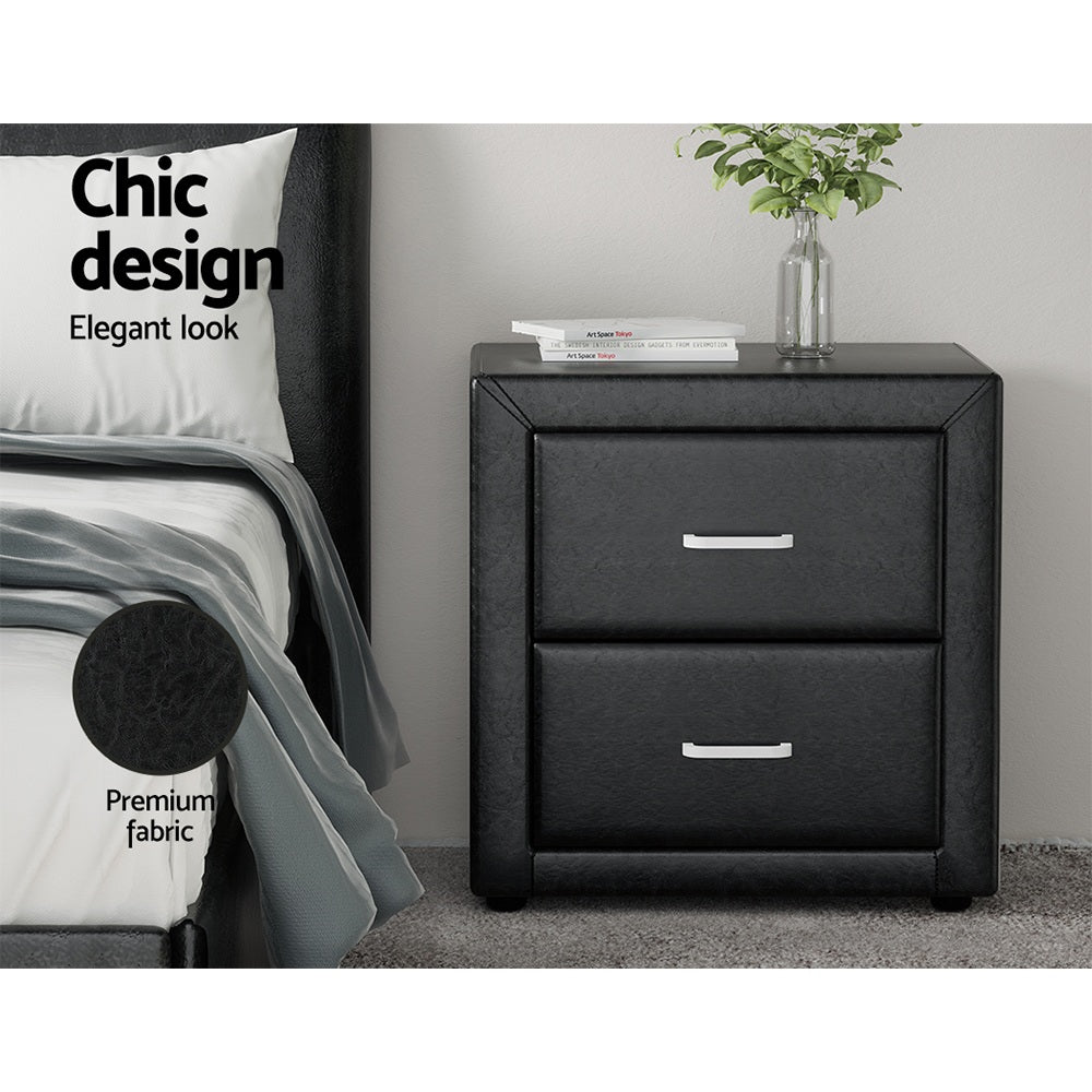 Artiss 2X Bedside Table 2 Drawers Side Table Leather - CADEN Black-3