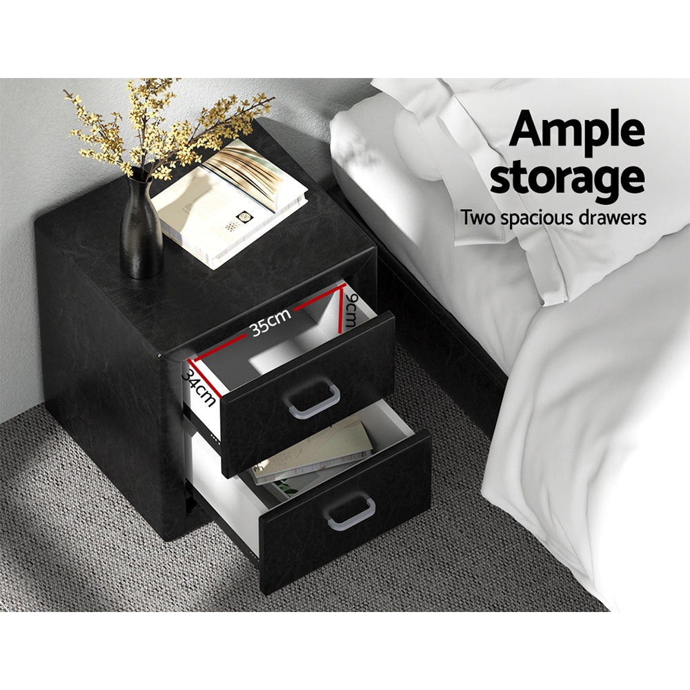 Artiss 2X Bedside Table 2 Drawers Side Table Leather - CADEN Black-4