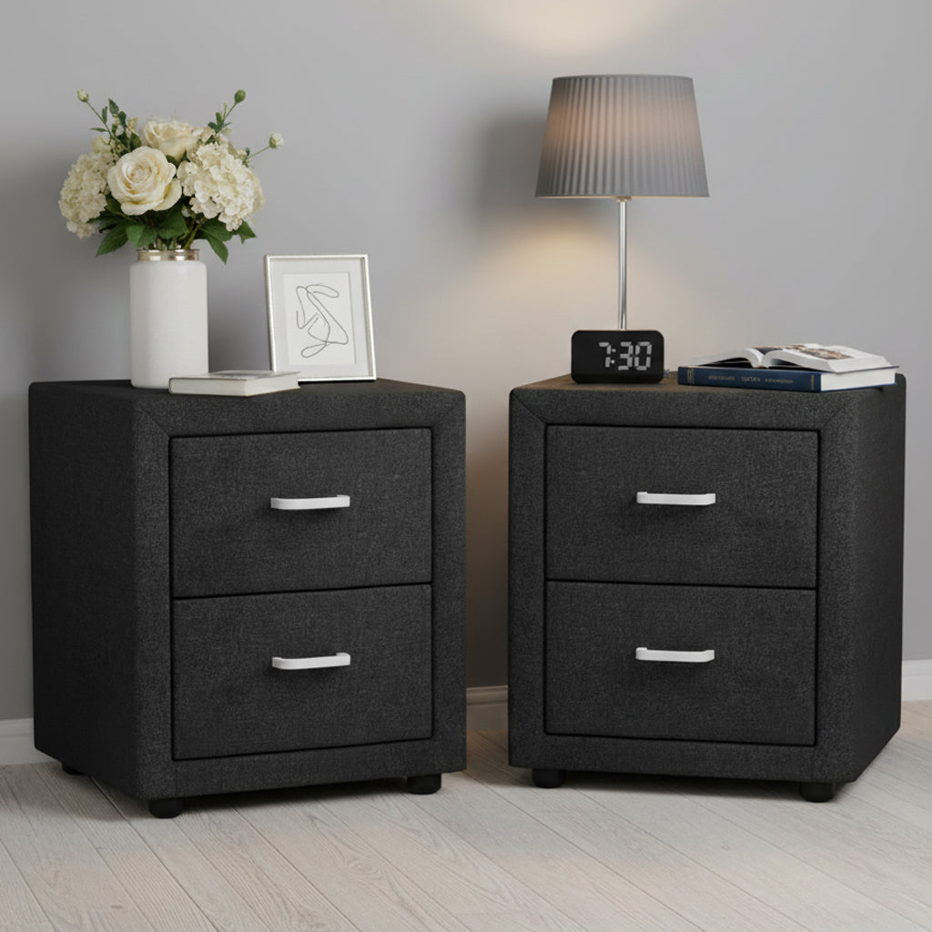 Artiss 2X Bedside Table 2 Drawers Fabric - CADEN Charcoal-0