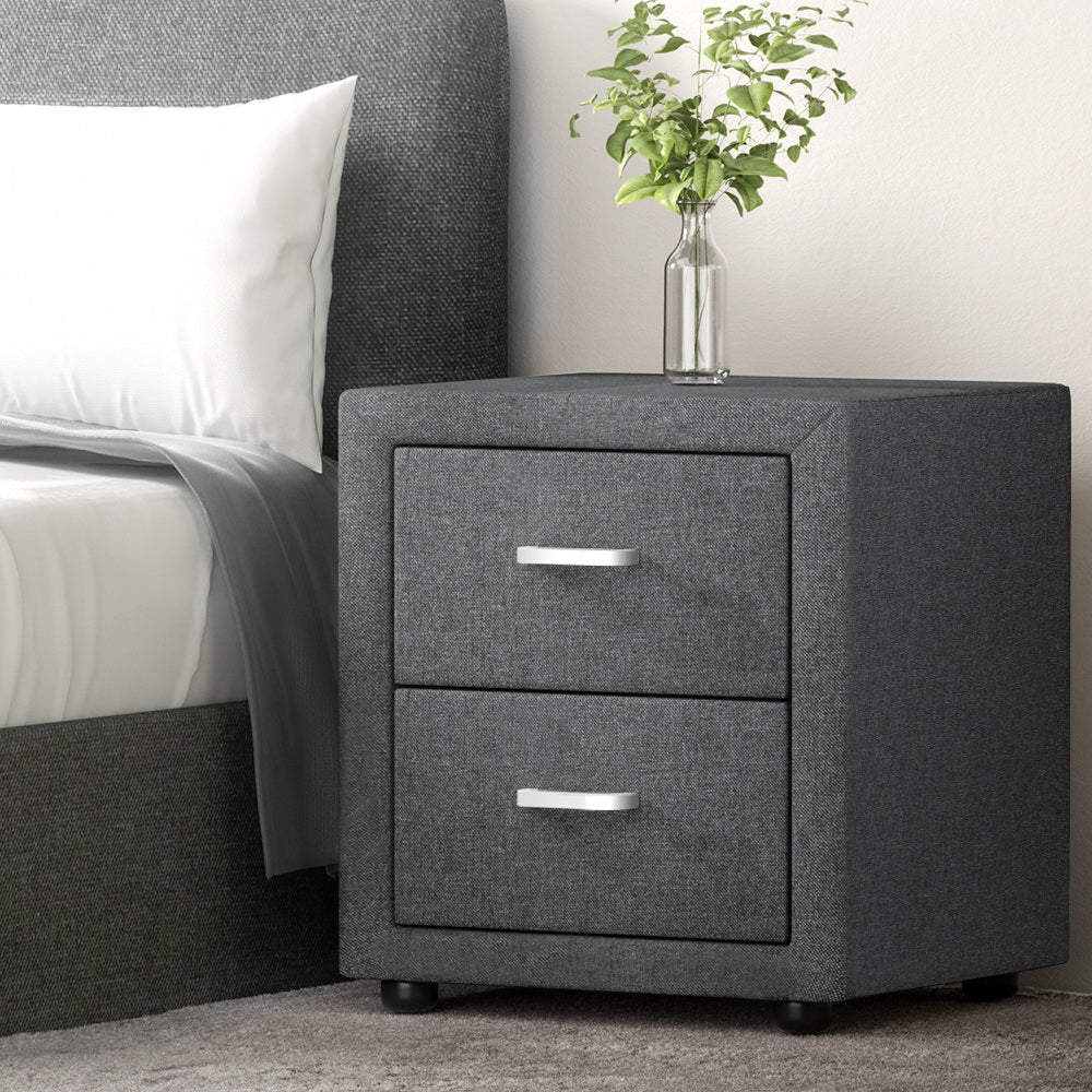 Artiss 2X Bedside Table 2 Drawers Side Table Fabric - CADEN Grey-2