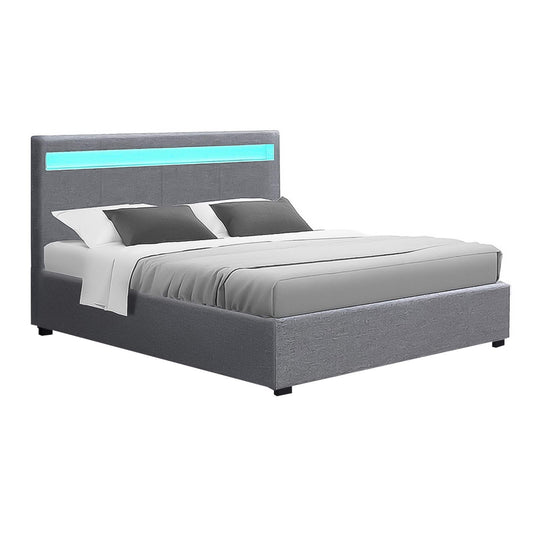 Artiss Bed Frame Double Size LED Gas Lift Grey COLE-0