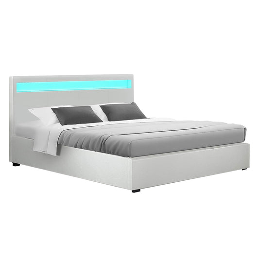 Artiss Bed Frame Double Size LED Gas Lift White COLE-0