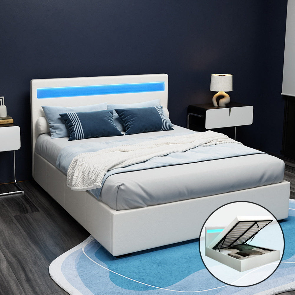 Artiss Bed Frame Double Size LED Gas Lift White COLE-7