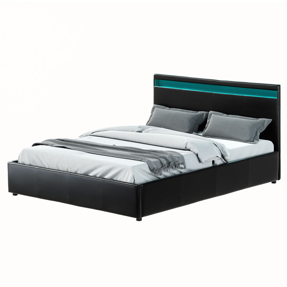 Artiss Bed Frame Queen Size LED Gas Lift Black COLE-0