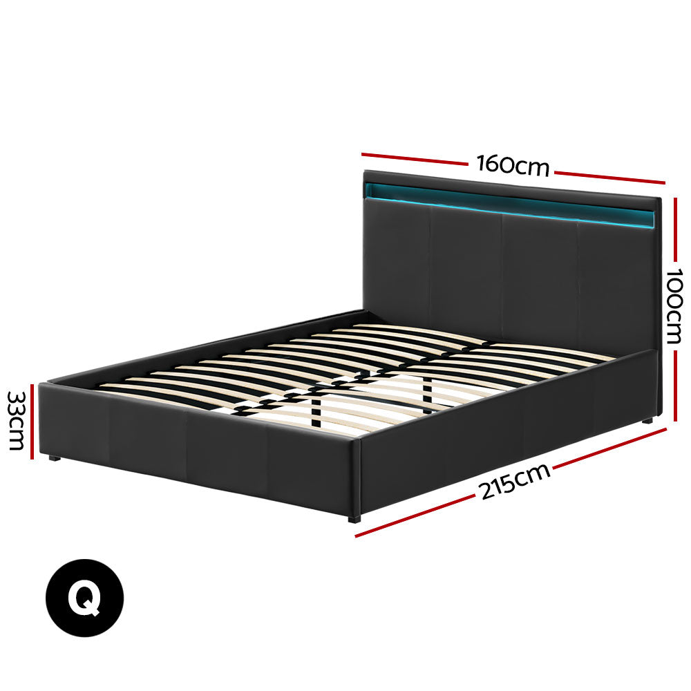 Artiss Bed Frame Queen Size LED Gas Lift Black COLE-1