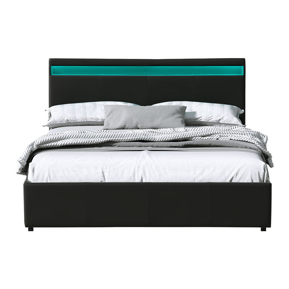 Artiss Bed Frame Queen Size LED Gas Lift Black COLE-2