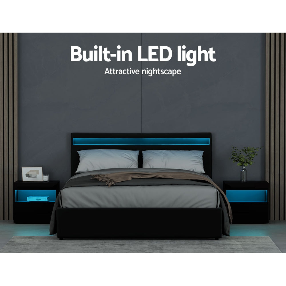 Artiss Bed Frame Queen Size LED Gas Lift Black COLE-3