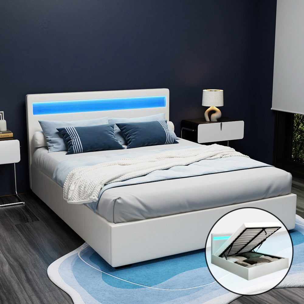 Artiss Bed Frame Queen Size LED Gas Lift White COLE-7