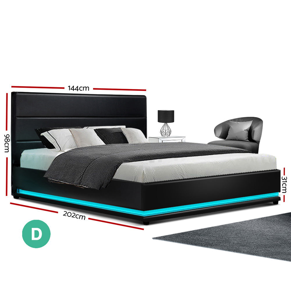 Artiss Bed Frame Double Size LED Gas Lift Black LUMI-1