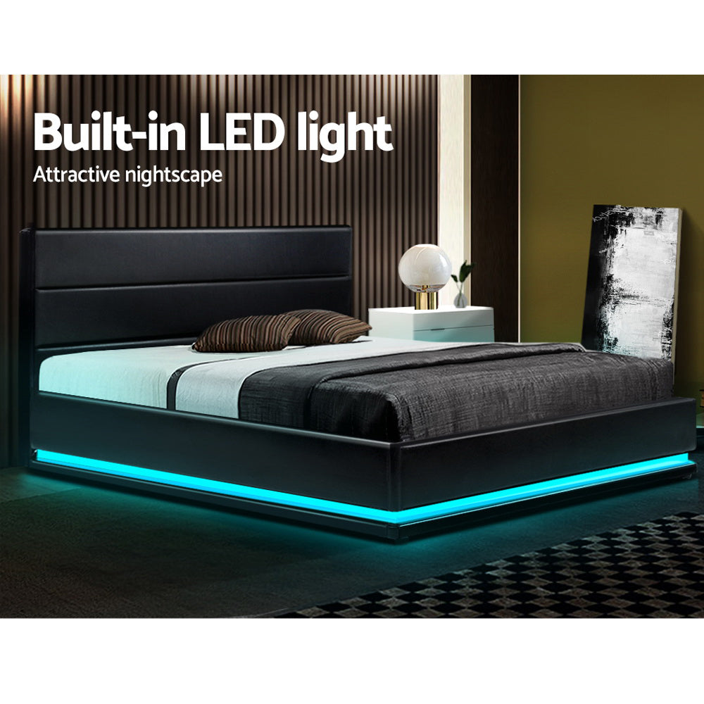 Artiss Bed Frame Double Size LED Gas Lift Black LUMI-3