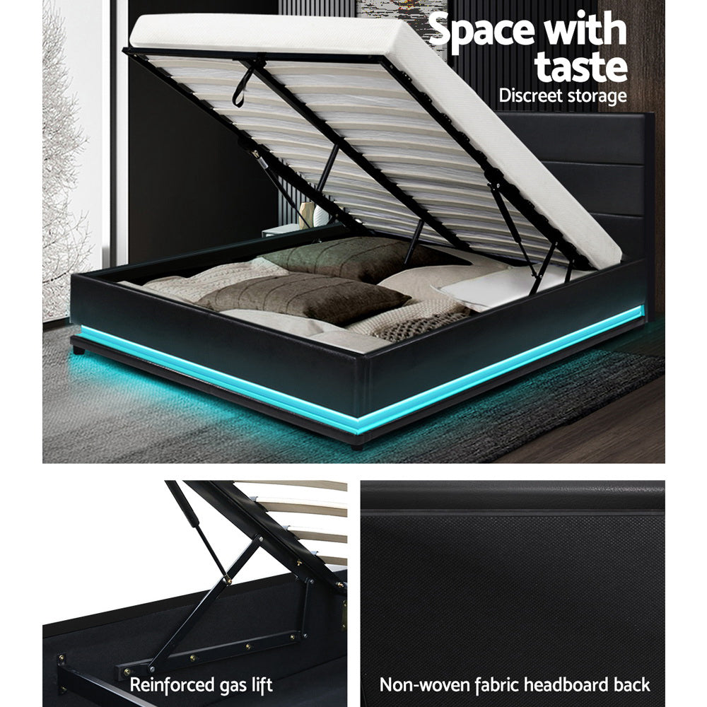 Artiss Bed Frame Double Size LED Gas Lift Black LUMI-5