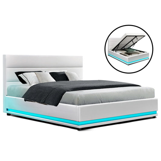 Artiss Bed Frame Double Size LED Gas Lift White LUMI-0