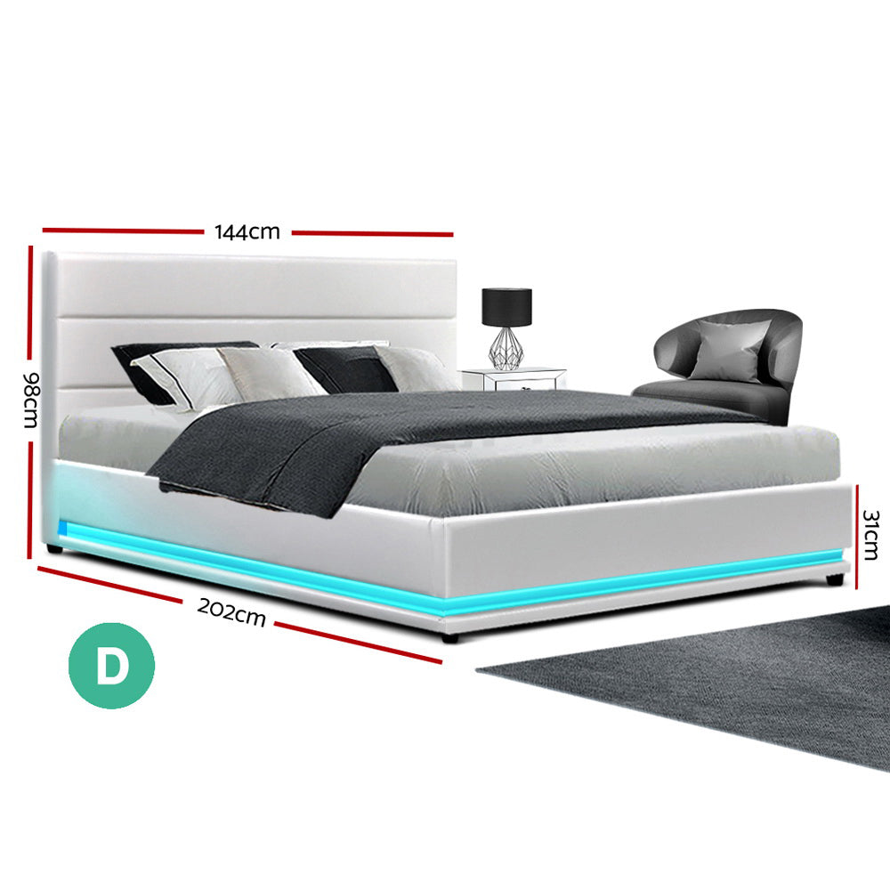 Artiss Bed Frame Double Size LED Gas Lift White LUMI-1