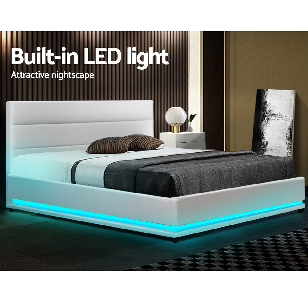 Artiss Bed Frame Double Size LED Gas Lift White LUMI-3