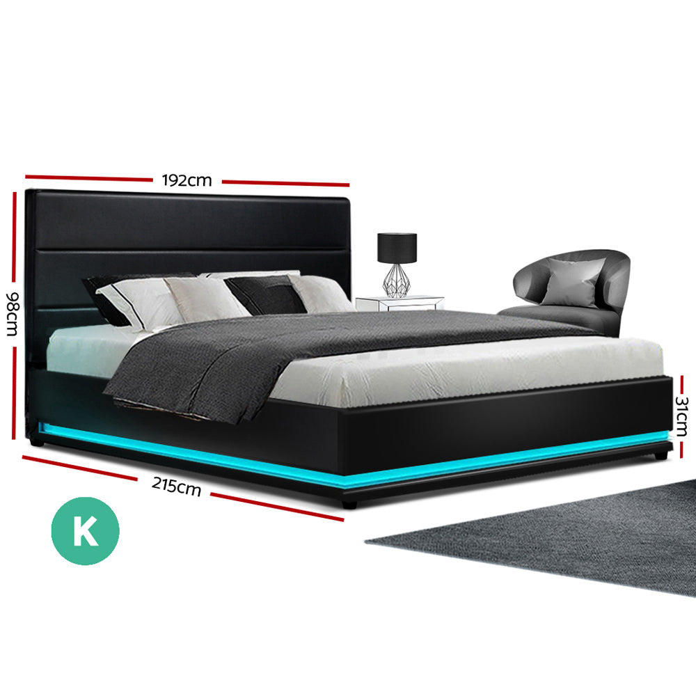 Artiss Bed Frame King Size LED Gas Lift Black LUMI-1