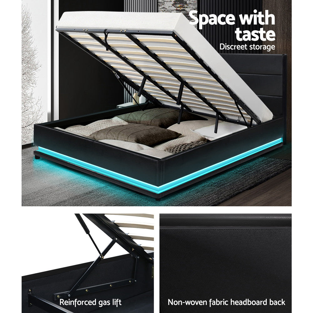 Artiss Bed Frame King Size LED Gas Lift Black LUMI-5