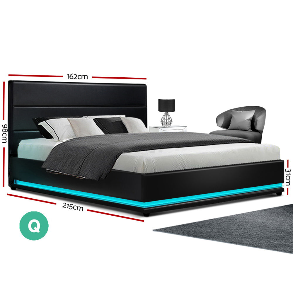 Artiss Bed Frame Queen Size LED Gas Lift Black LUMI-1