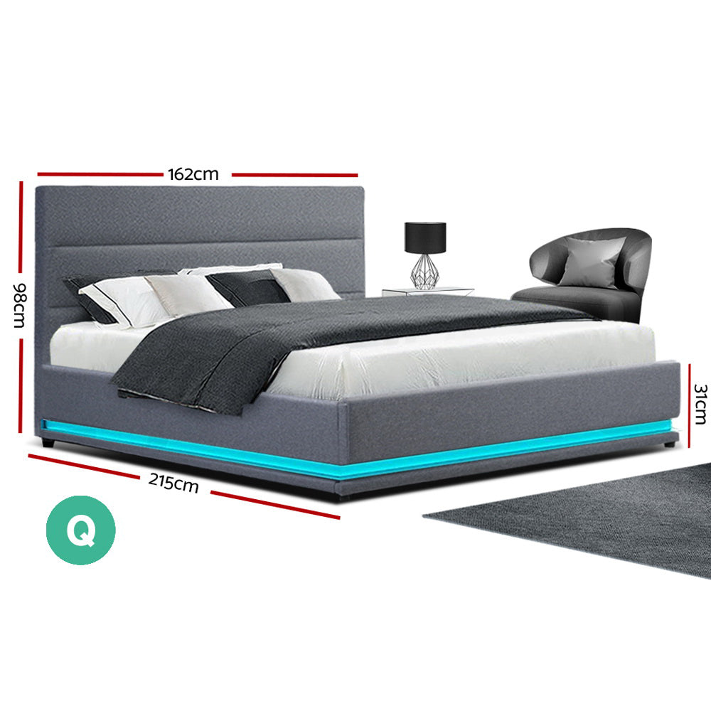 Artiss Bed Frame Queen Size LED Gas Lift Grey LUMI-1