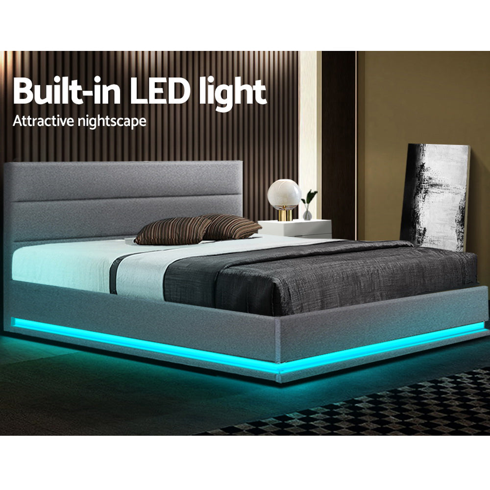 Artiss Bed Frame Queen Size LED Gas Lift Grey LUMI-3