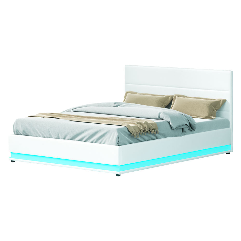 Artiss Bed Frame Queen Size LED Gas Lift White LUMI-0