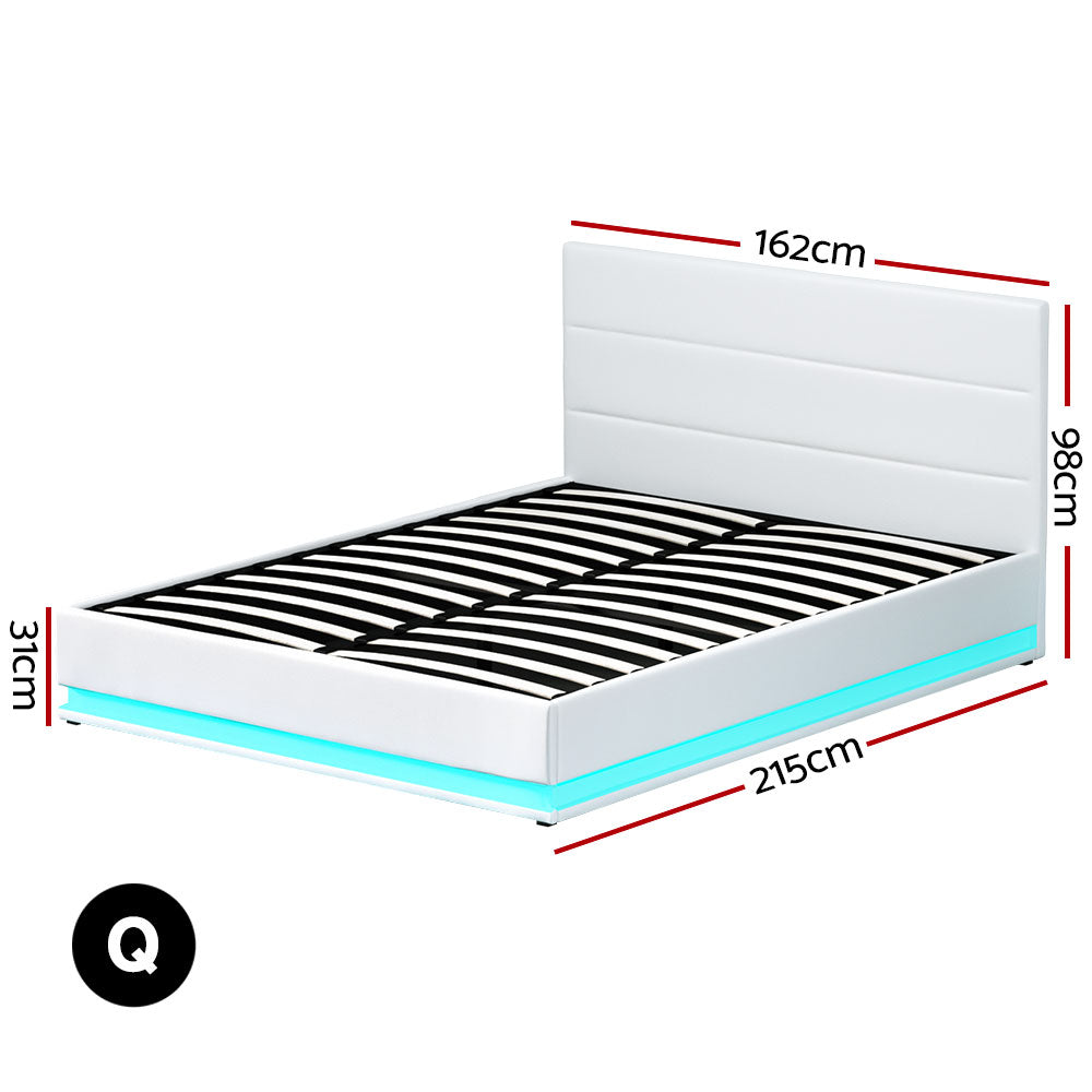 Artiss Bed Frame Queen Size LED Gas Lift White LUMI-1