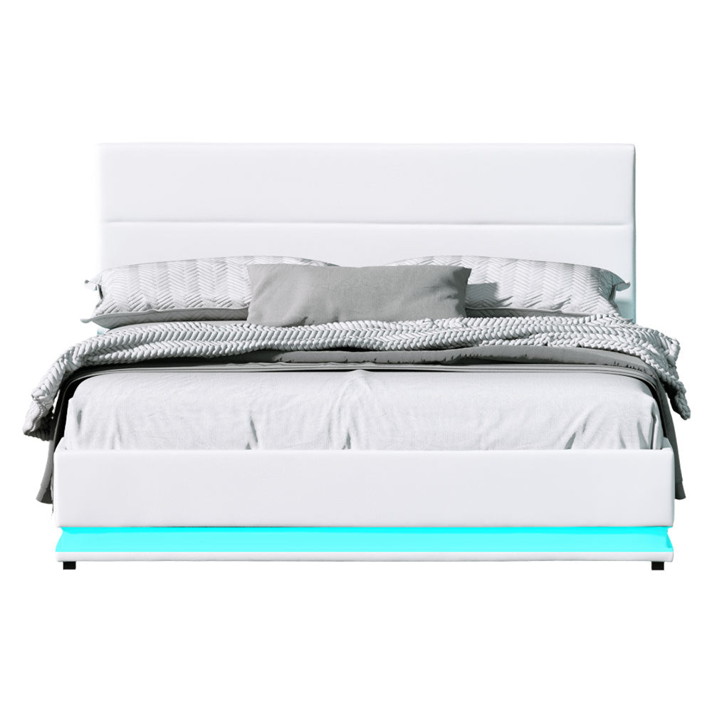 Artiss Bed Frame Queen Size LED Gas Lift White LUMI-2