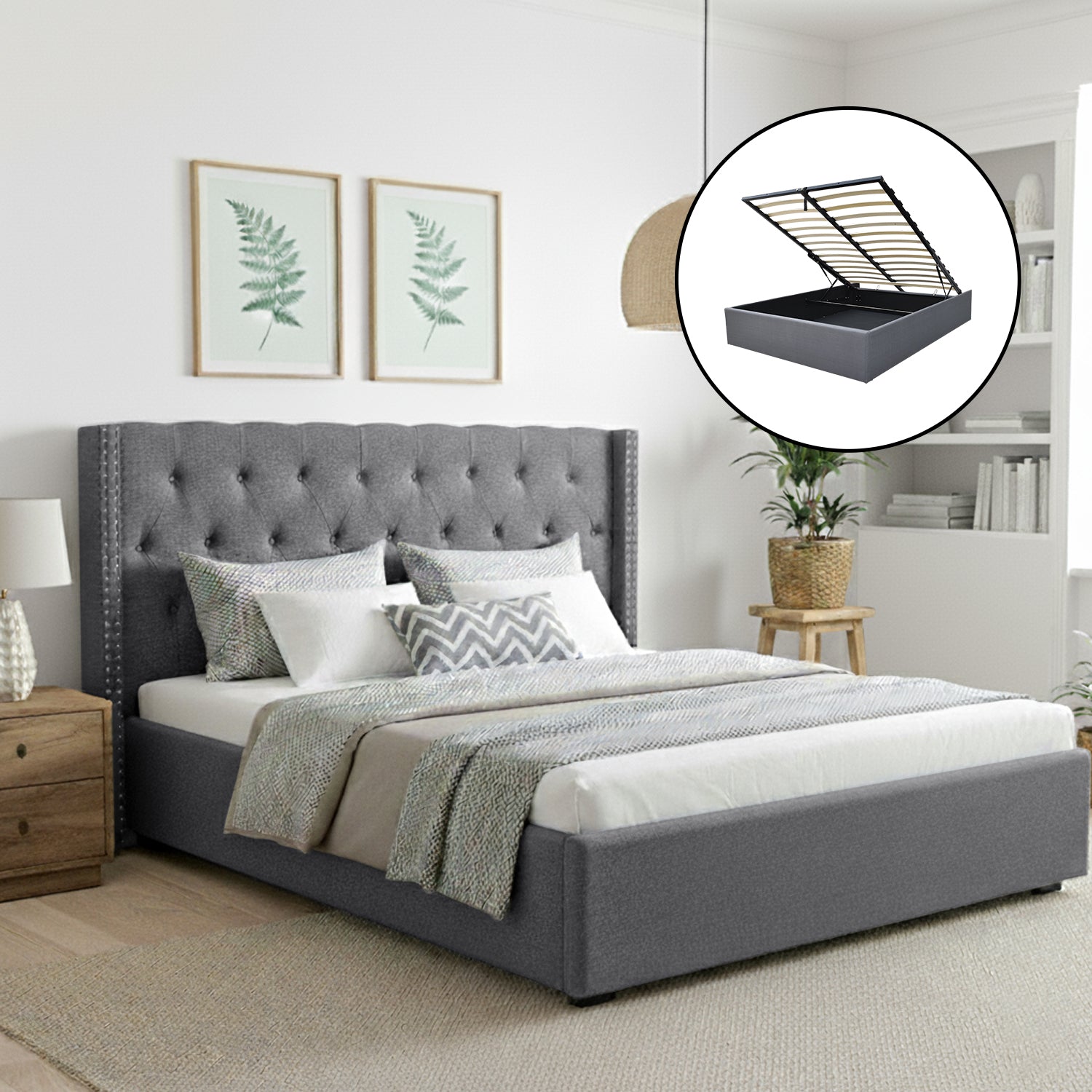 Artiss King Bed Frame Storage Tufted Headboard Gas Lift Base Grey-0