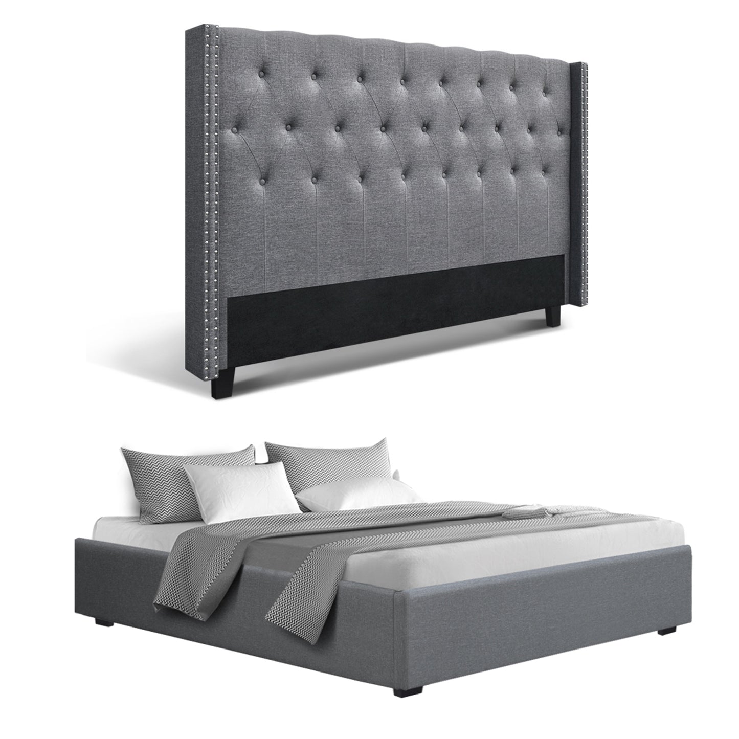 Artiss King Bed Frame Storage Tufted Headboard Gas Lift Base Grey-2