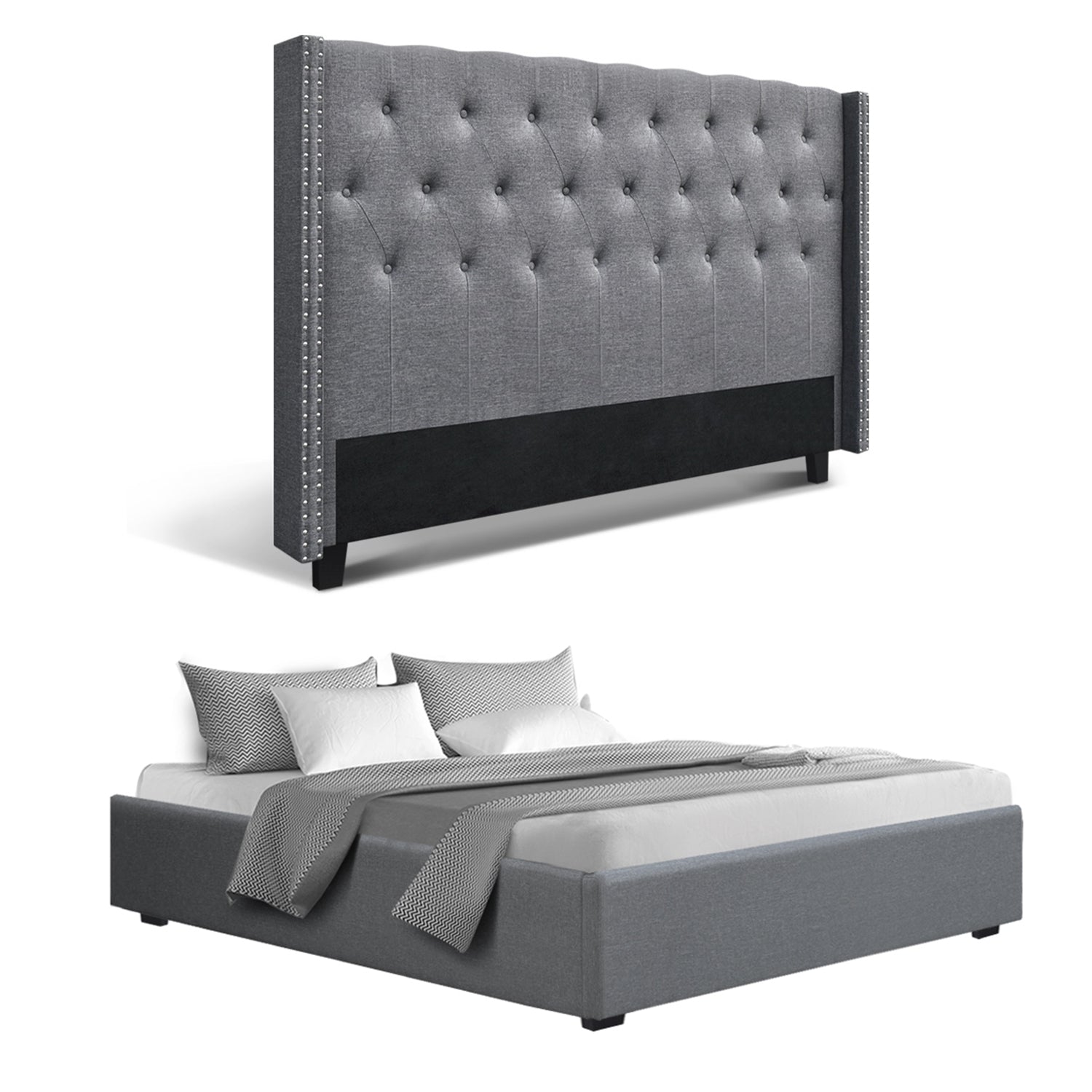 Artiss King Bed Frame Storage Tufted Headboard Gas Lift Base Grey-2