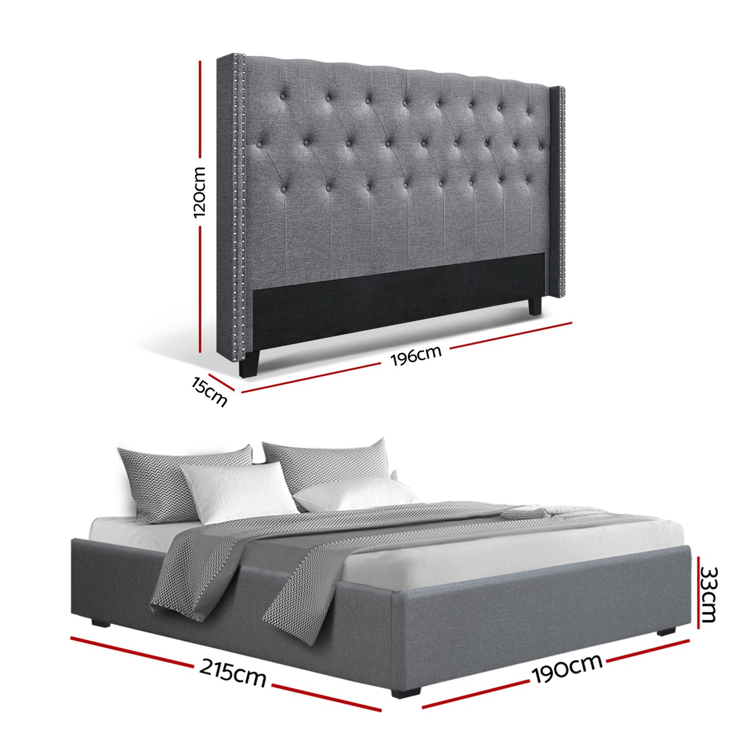 Artiss King Bed Frame Storage Tufted Headboard Gas Lift Base Grey-3