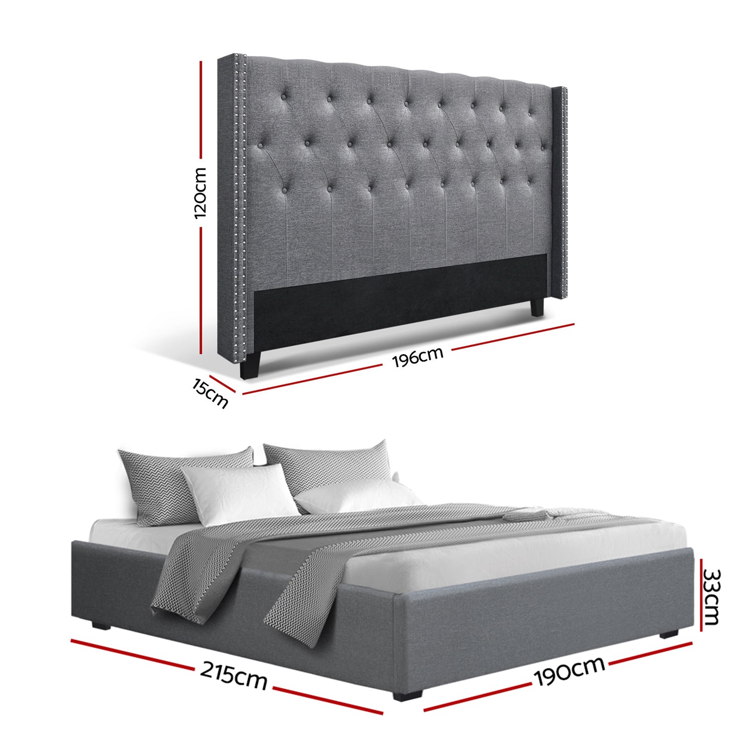 Artiss King Bed Frame Storage Tufted Headboard Gas Lift Base Grey-3