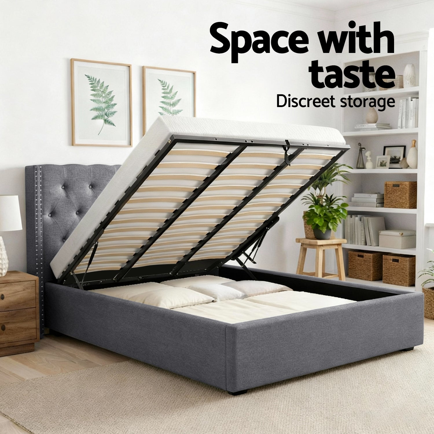 Artiss King Bed Frame Storage Tufted Headboard Gas Lift Base Grey-5